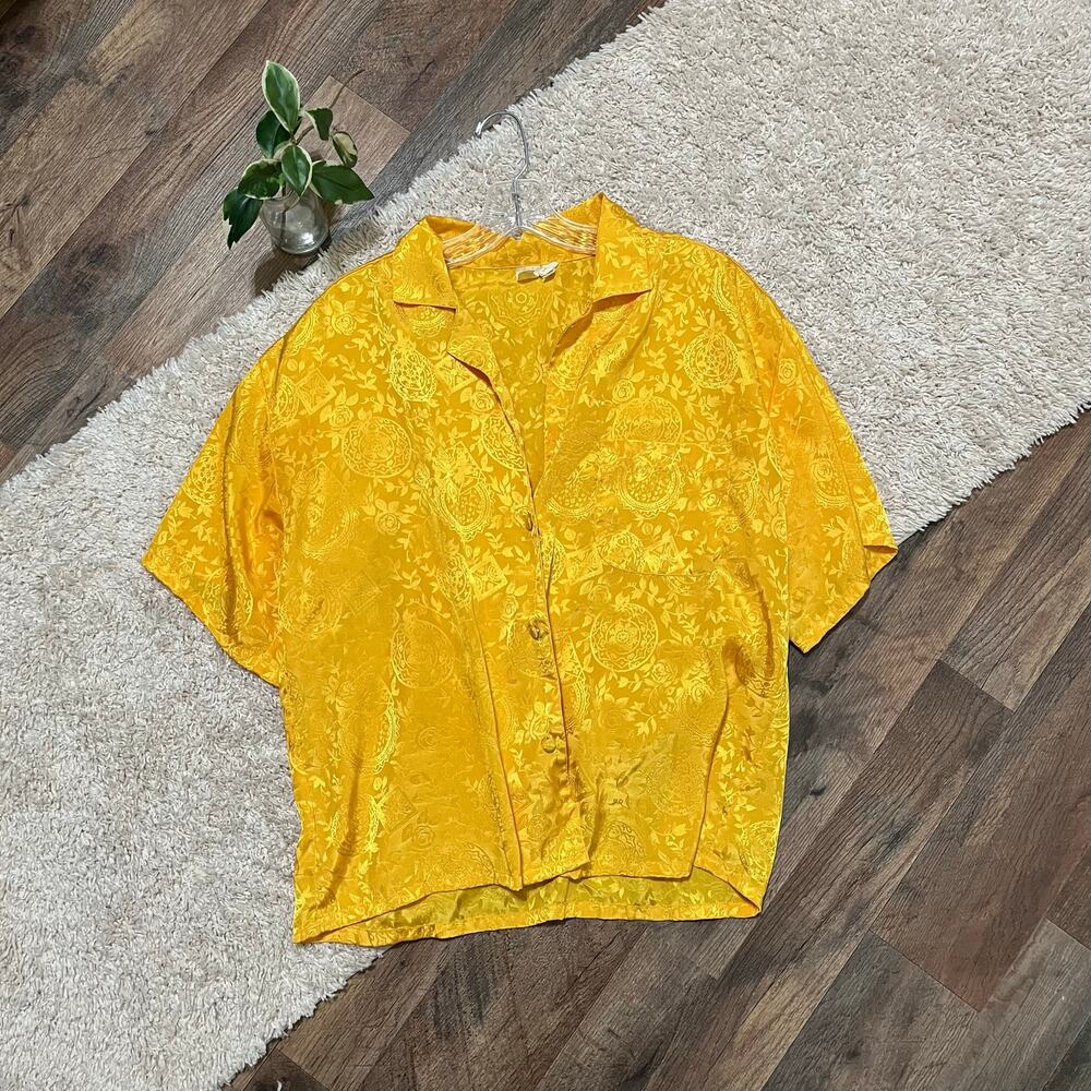 Vintage Victoria's Secret Mustard Yellow Button Front Floral Satin Sleepwear Top